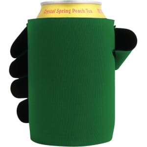 A green stubby holder with a glove-like design, holding a can of Crystal Spring Peach Tea.