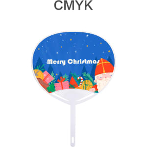 A PVC hand fan featuring a colourful Christmas design with a festive background and a Santa character. It has a white handle.