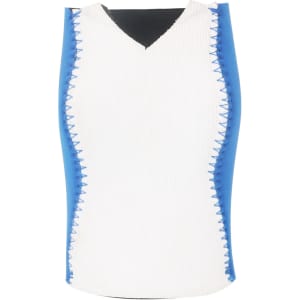 A drink bottle holder featuring a white body with blue trim. The holder has a branded logo on it.