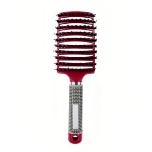 A red detangler bristle hairbrush with a textured handle and a curved bristle design for easy hair styling.