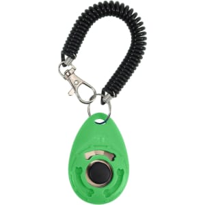 A green pet training clicker with a black coiled lanyard and a metal clip for attachment.