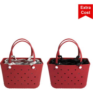 A red EVA holes beach bag with grey and black interiors, featuring two handles and a logo on the side.