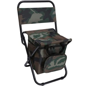 A camouflaged camping chair with a foldable design and an attached cooler bag in matching colours.
