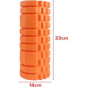 An orange foam yoga roller, cylindrical with textured surfaces, measuring 33 cm in height and 14 cm in diameter.