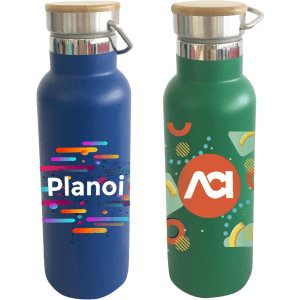 A drink bottle with a double wall vacuum design, featuring a blue and green finish and bamboo lid. Branding visible.