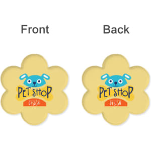 A custom clear acrylic coaster in a flower shape, featuring a blue dog design and yellow background on both sides.