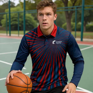 A long-sleeved polo in navy blue and red, featuring a graphic design and a logo. A man holds a basketball on a court.