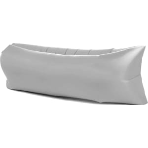 An inflatable lazy bed in a sleek grey colour, featuring a smooth, elongated design. It has a logo on one side.
