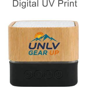 A bamboo Bluetooth wireless speaker featuring a black base and digital UV print, with control buttons on the front.
