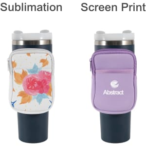 A drink bottle pouch in floral and purple designs, featuring zippers and a logo on the side.