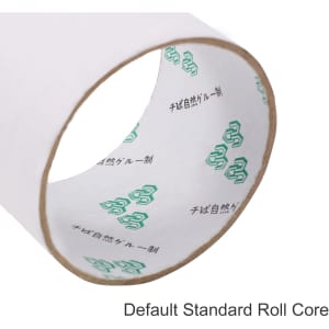 A roll of BOPP white packaging tape featuring a printed core design, with a neutral background.
