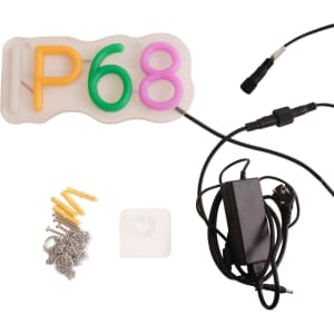 A waterproof IP68 neon LED sign in yellow, pink, and green with mounting hardware and a power supply.