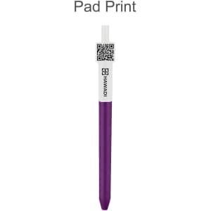 A purple pen with a white cap featuring a QR code and branding on the side.