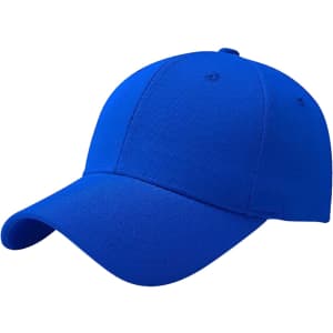 A blue cotton baseball cap with a hard top and a logo on the front.