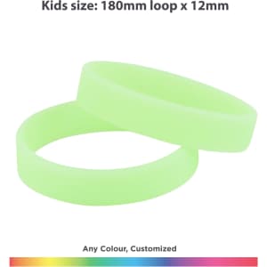 Glow-in-the-dark silicone wristbands in a bright green colour, featuring a smooth, flexible design.