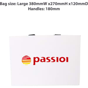 A large white paper bag with a flat black handle, featuring a colourful logo. Size: 380 x 270 x 120mm.