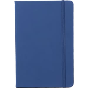 A blue PU A6 notebook featuring a textured cover and an elastic closure, with a logo on the front.