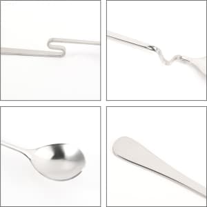 A stainless steel spoon with a unique hanging design, featuring a curved and straight end, set against a white background.