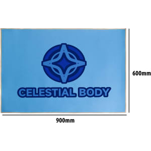 A blue polyester logo mat featuring a circular design and text, measuring 900mm by 600mm.