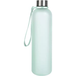 A drink bottle in a matte mint green colour with a stainless steel lid and carrying strap. It features a branding logo.