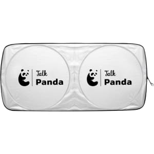 A white circular car sun shade featuring panda graphics and a brand logo, designed to block sunlight.