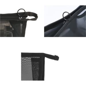 A triangular black nylon mesh cosmetic bag with zip and ring detail, featuring various angles of the bag.