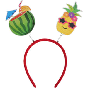 A red headband featuring festive watermelon and pineapple decorations with sunglasses and drink accessories.