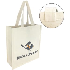 A beige cotton tote bag with long handles and a logo along with a small close-up of strap detail.