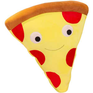 A yellow and brown pizza slice pet toy with red pepperoni and a smiling face, featuring a logo.