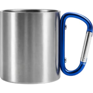 A drink bottle in stainless steel with a blue carabiner handle. It features a sleek, metallic finish.