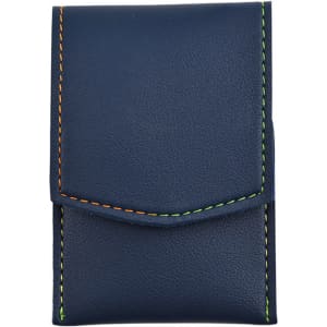 A navy blue portable manicure set case with contrasting orange and green stitching, featuring a flap closure and compact design.