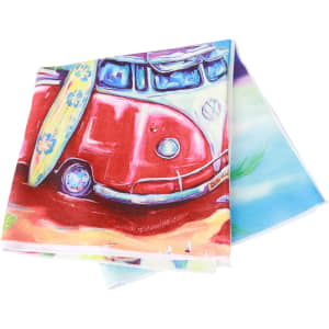 A beach towel featuring vibrant colours, with a design of a retro van and surfboard on one side. It has a logo.