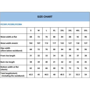 A size chart displaying measurements for sport shorts in various sizes, including waist and length dimensions.
