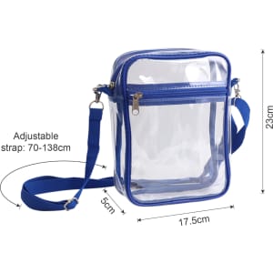 A clear tote bag with a blue zipper closure and adjustable strap, measuring 17.5 cm by 23 cm.