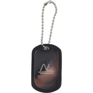 A dog tag with a black rubber silencer and a silver chain, featuring a logo on the front.