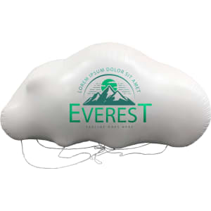 An inflatable white cloud balloon with a logo featuring green mountains and text. It has attached strings for stability.