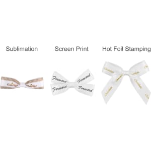 Three adhesive bows in white, featuring different designs: a checked pattern, text in black, and hot foil stamping details.