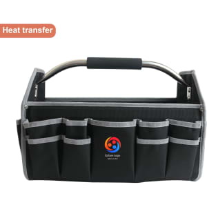 A black tool carrier bag with multiple pockets and a silver handle, featuring a logo on the front.