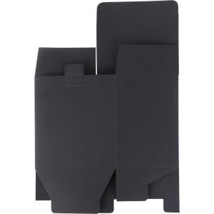 A medium square gift box in a sleek black design, featuring various folds and closures for secure packaging.
