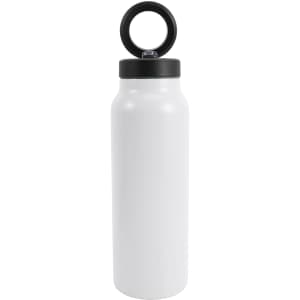 A drink bottle in white stainless steel with a black lid and a magnetic phone holder on top.