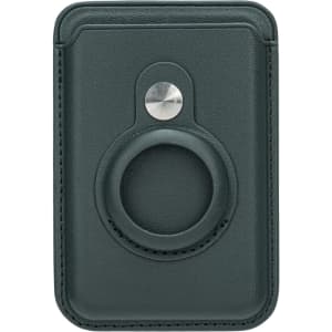 A dark green PU magnetic card and AirTag holder with a circular slot and metal button. It features a smooth finish.