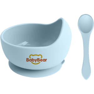 A light blue silicone kids suction bowl with a matching spoon, featuring a logo on its side.