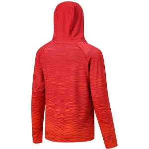 A red polyester spandex hoodie featuring a sublimated pattern and a hood, with a logo on the back.