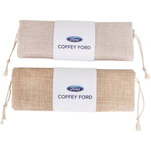 Two jute produce bags, one in light beige and one in a slightly darker beige, both featuring a logo.
