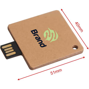 A small, eco-friendly card flash drive in brown with a logo and a USB connector. Dimensions: 51mm x 40mm.