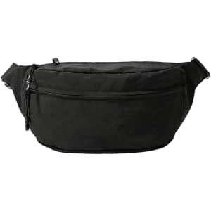 A large black bum bag with a front zipper pocket and adjustable straps. It has a logo on the front.