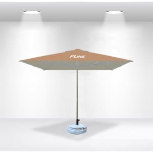 A 2x2m square market umbrella in beige with a base, featuring a branding logo. Ideal for outdoor leisure.