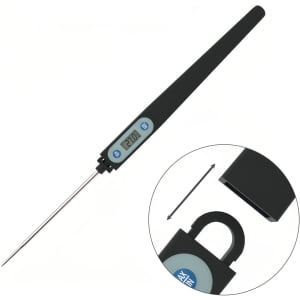 A long black meat thermometer with a digital display and a sleek design, featuring a probe for measuring temperatures.
