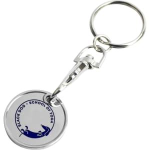 A silver keyring featuring a printed circular coin with a branded design.
