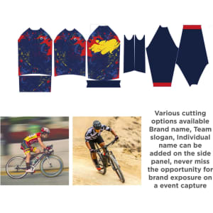 A long sleeve cycling jersey in blue and red with a design featuring a logo. Includes various cutting options.